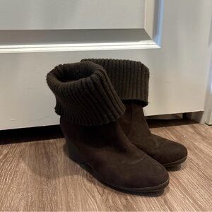 Fold-Over Suede Wedge Ankle Boots - Dark Brown
